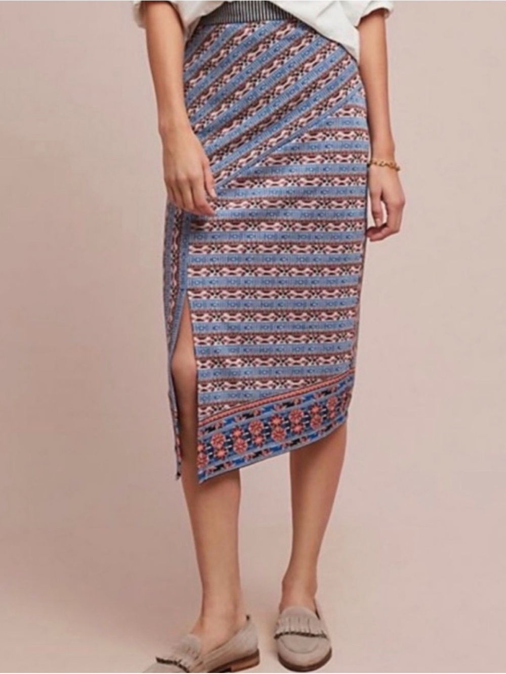 Anthropologie Blue and Coral Patterned Midi Skirt with Side Slit